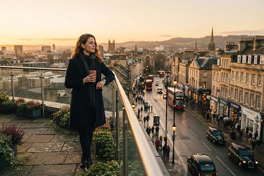 A young British professional overlooking a UK high street at golden hour