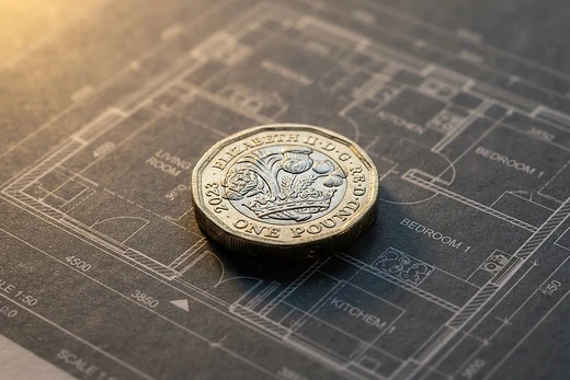 A British pound coin resting on the blueprint of a modern home